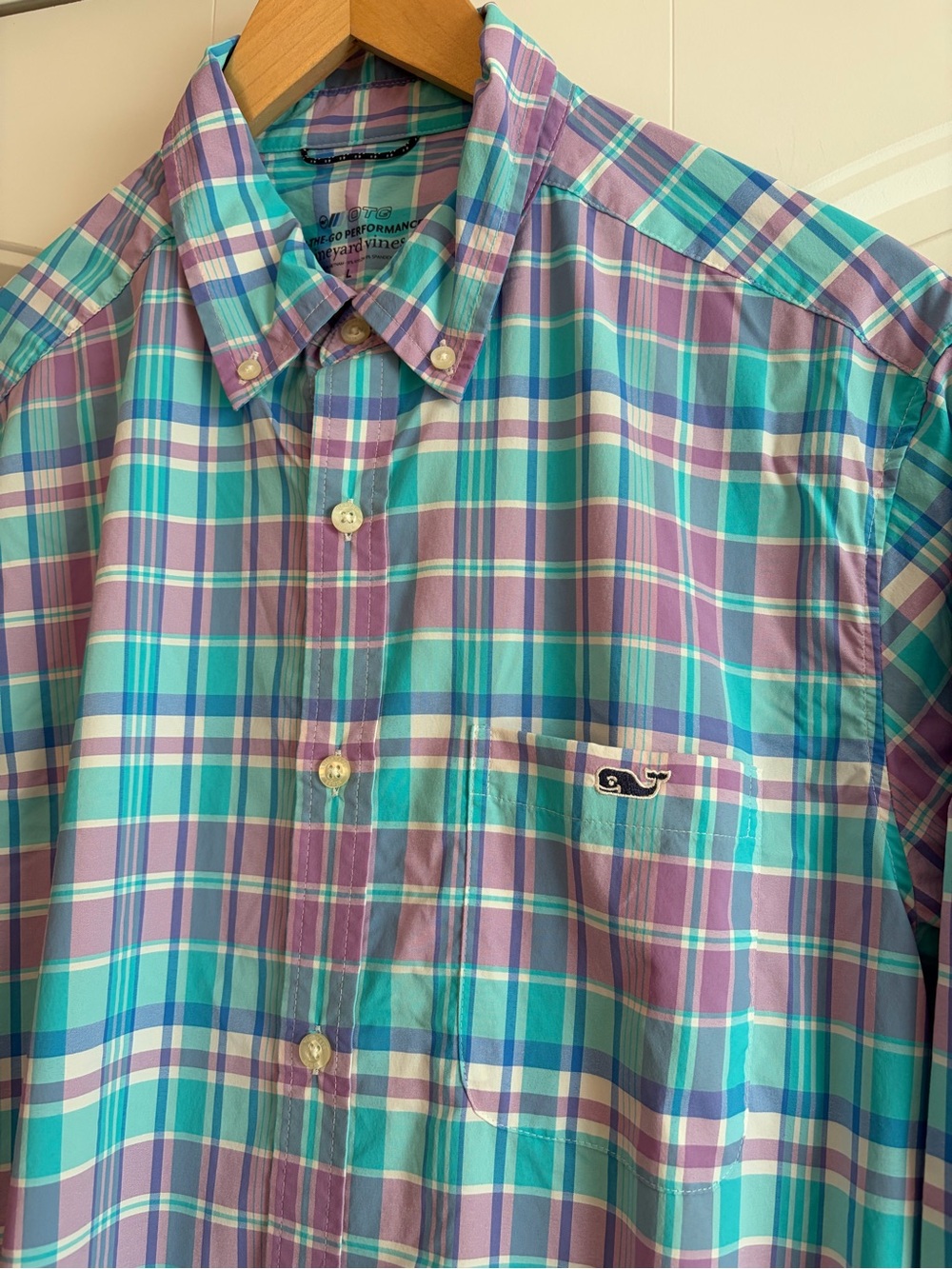 Vineyard Vines On-The-Go Performance Men's L Plaid Button Down Shirt Purple Blue - Picture 2 of 7